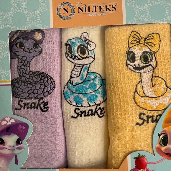 Set of 3 New Kitchen Towels 2025 Year of The Snake 40x60cm Embroidery Cotton - Picture 6 of 9